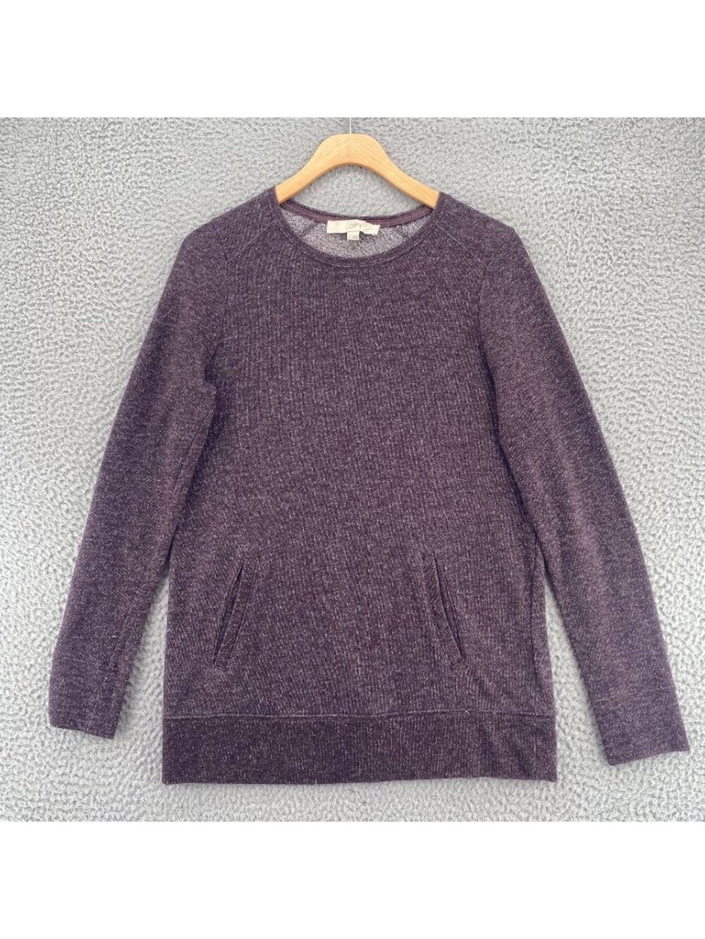 LOFT Top Womens Small Burgundy Long Sleeve Terry Knit Crew Neck Stretch Pockets